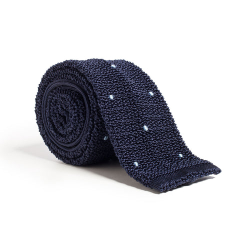 Drake's - Navy & Sky Knitted Silk Tie with Spots
